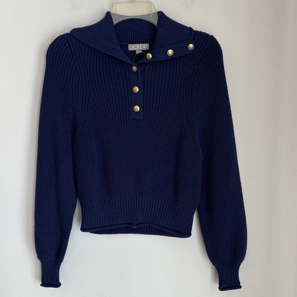 J. Crew Women’s Ribbed cotton button collar navy gold chunky knit boxy XXS NWT - Picture 2 of 12